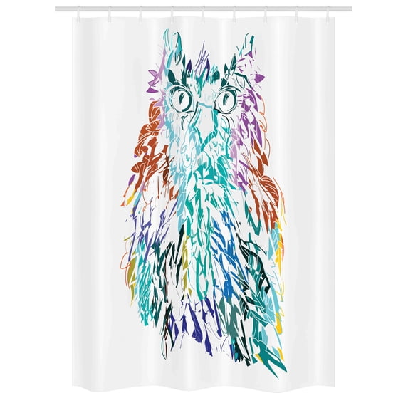 Owl Stall Shower Curtain, Owl with Fluffy Swollen Colorful Feathers Large Eyes Vision Sage Camouflage Character Image, Fabric Bathroom Set with Hooks, 54W X 78L Inches, Multi, by Ambesonne