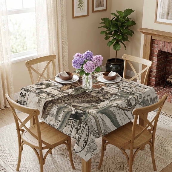 Owl Standing on Branch Square Tablecloth 54x54 Inch Retro Postmark Waterproof Polyester Tablecloth for Dining Table, Washable Table Cover for Kitchen Dining Room Wedding Decoration,Stain Resistant