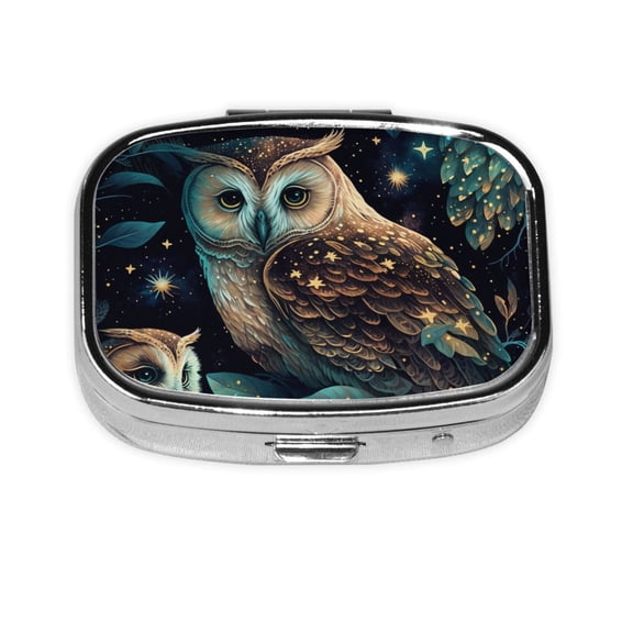 Owl Starry Sky Art Square Pill Box 2 Compartment Pill Case Medicine Organizer Decorative Gift for Purse Pocket