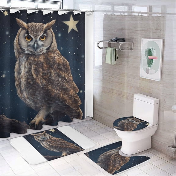 Owl Starry Sky Shower Curtain Home Decor, Polyester Cotton Fabric Waterproof Modern Bath Curtain with 12 Hooks 72x72 Inch