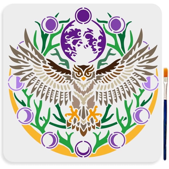 Owl Stencil 11.8x11.8inch Moon Phase Template Reusable Owl Animal Painting Template Circular Pattern Moon Branch Plastic Stencil for Painting on Wood Wall Fabric Home Decor Mixed Color