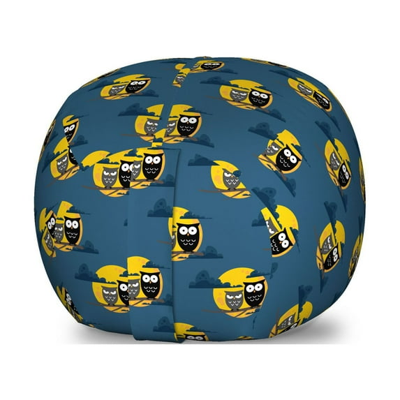 Owl Storage Toy Bag Chair, Cartoon Birds on Branches Full Moon Clouds, Stuffed Animal Organizer Washable Bag, Small Size, Dark Sky Blue Yellow, by Ambesonne