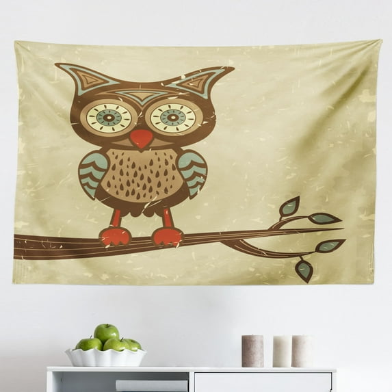 Owl Tapestry, Owl Fluffy Swollen Colorful Feathers Large Eyes Vision Sage Camouflage Character Image, Fabric Wall Hanging Decor for Bedroom Living Room Dorm, 2 Sizes, Multicolor, by Ambesonne