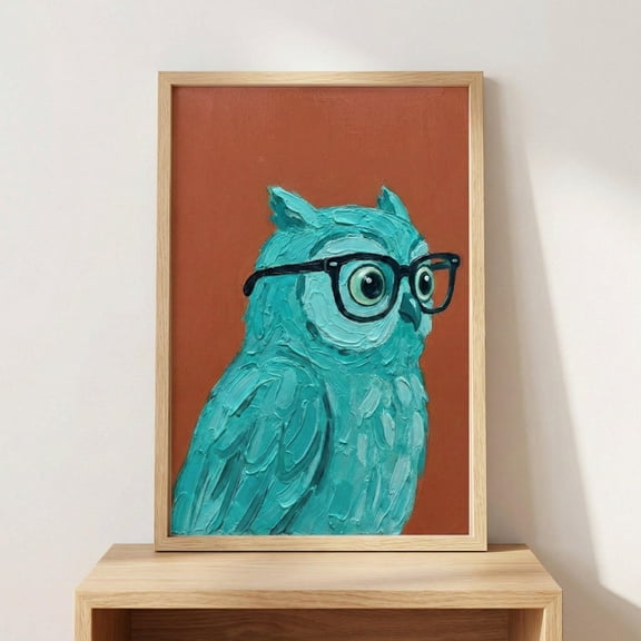 Owl Textured Turquoise Impasto Nerd With Glasses Animal Heavy Texture Decorative Nursery Poster , Poster Print Only