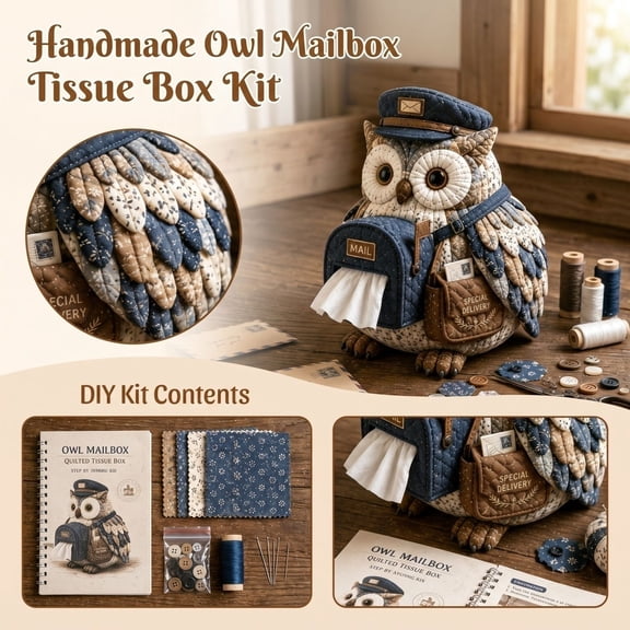Owl Themed DIY Tissue Box Sewing Kit, 1Set Handmade Craft Project Set, Ideal Gift for Owl Lovers Book Enthusiasts and Craft Hobbyists (Mail Owl)