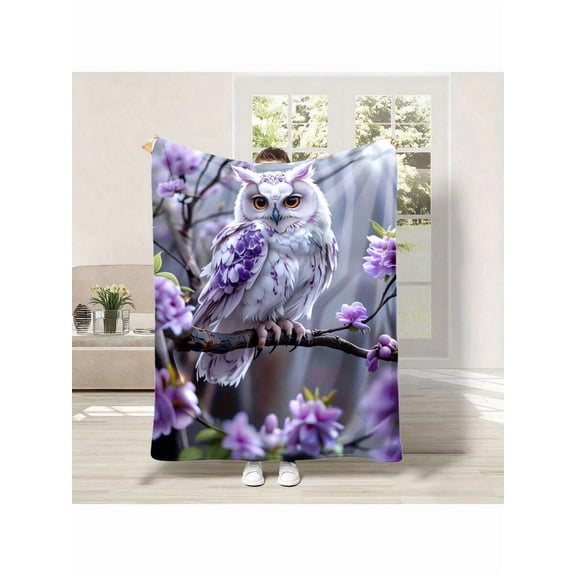Owl Themed Fleece Blanket Purple Floral Design Soft Cozy Throw Blanket For Living Room, Bedroom, Or Couch Use