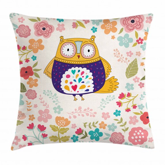 Owl Throw Pillow Cushion Cover, Colorful Bird and Blooming Flowers Ornamental Doodles with Vintage Design Inspirations, Decorative Square Accent Pillow Case, 18 X 18 Inches, Multicolor, by Ambesonne