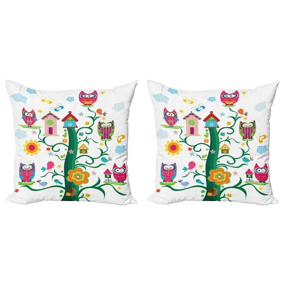 Ambesonne Colorful Throw Pillow Cover 2 Pack, Owls on Tree with Dots, 20", Multicolor