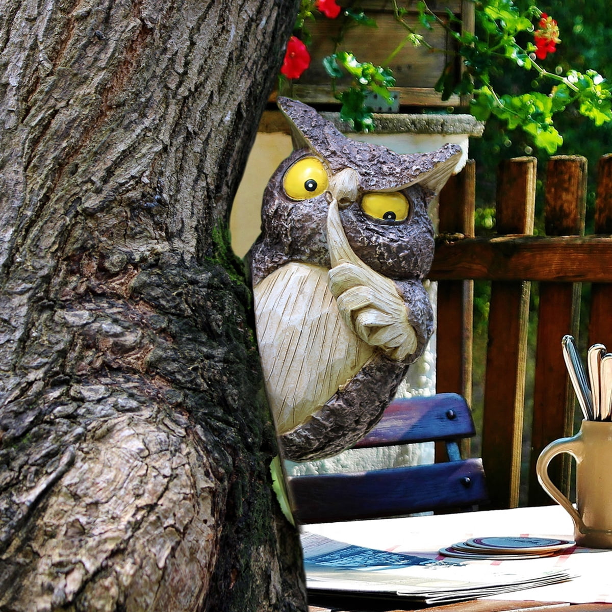 Owl Tree Hugger, Funny Keep Quiet Owl Statue Outdoor Tree Face Decor, Resin Tree Sculpture Garden Peeker Yard Art Ornaments, Housewarming Gift