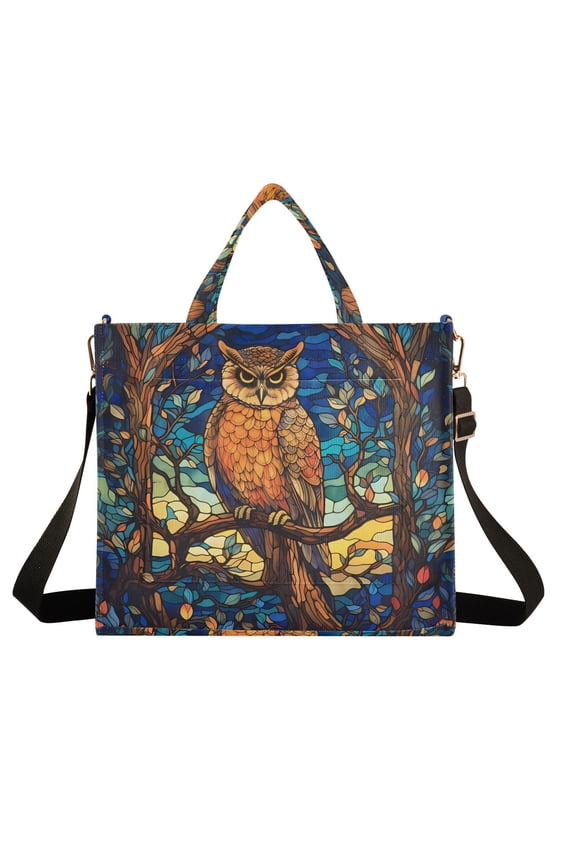Owl Trees Fruit Flowers Leaves Corduroy Tote Bag Handbag Large Messenger Bag Shoulder Crossbody Zipper Bag Purse