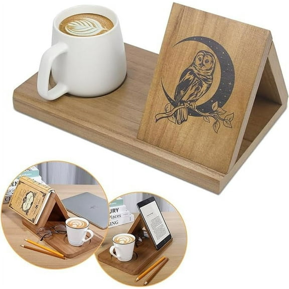 Owl Triangle Book Holder with Cup Stand Small Wooden Bookshelf with Cup Holder for Page Rest,Simple Bookcase for Bedroom Nightstand or Table Centerpiece Decor for Coffee and Book Lover-Red