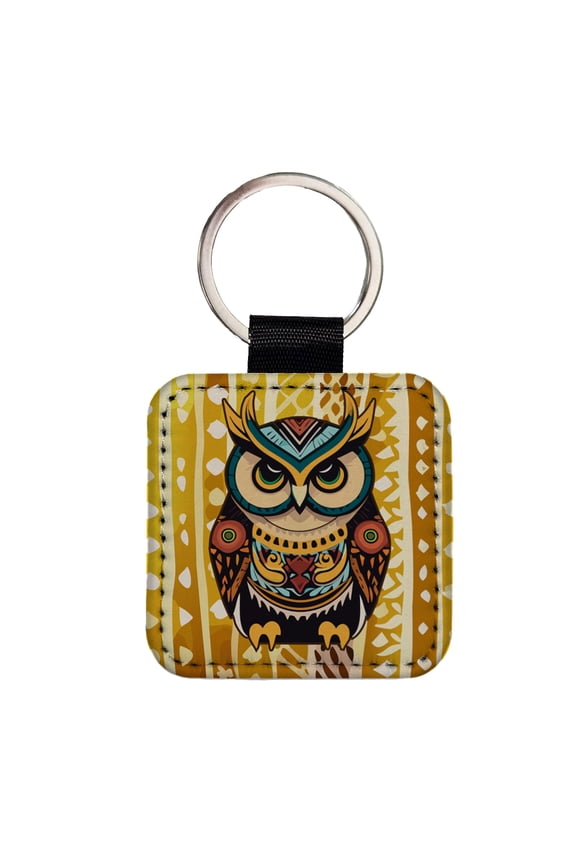 Owl Tribal Colorful Bird Faux Leather Square Keychain