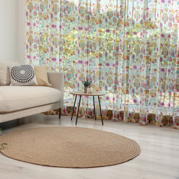 Owl Tulle Curtains with Rod Pocket, Sixties Inspired Color Scheme Psychedelic Abstract Birds and Flowers Multicolored Image, Sheer Drape for Wedding Party 2 Panels, 7 Sizes, Multicolor, by Ambesonne