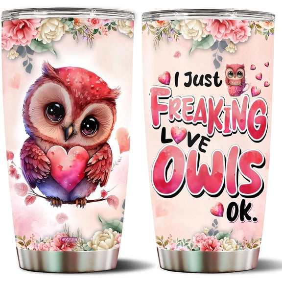 Owl Tumbler 20oz Cute Animal Gift for Women, Girls Who Freaking Love Owls Woodland Lovers Heart Perfect Wife Daughter Insulated Stainless Steel Coffee Cup with Lid