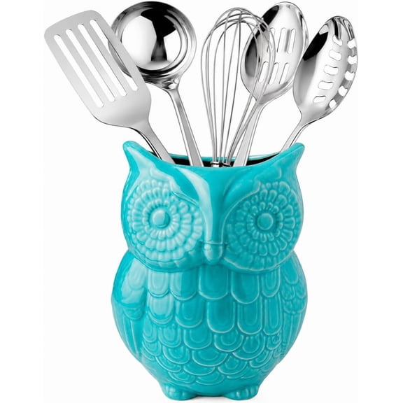 Owl Utensil Holder for Kitchen Counter Decorative Ceramic Cookware Crock & Organizer Farmhouse Shabby Chic Utensil Caddy Countertop Utensil Storage 5" x 7" x 4" Multiple Colors