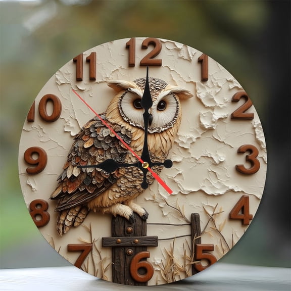 Owl Wall Clock Resin Art Decor 10-Inch Silent Wooden Wall Clock, Battery Operated (AA Batteries Not Included), Artistic Home Decor
