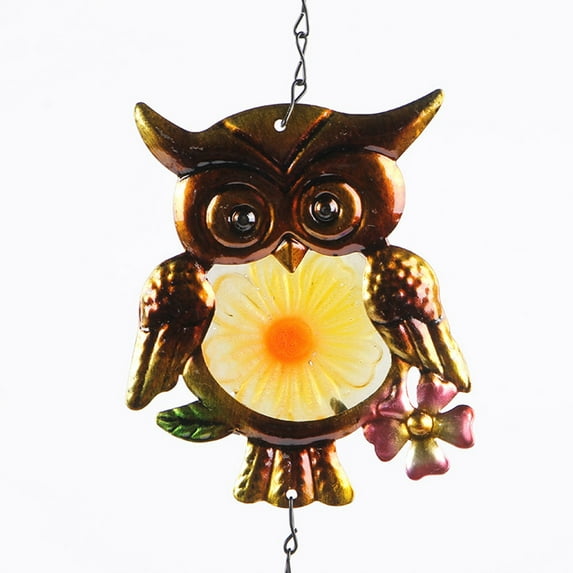 Owl Wind Chime Hanging Decoration Metal Owl Wind Bell Hanging Decors Iron and Glass Painted Crafts Wind Chime Tube Hanging Ornament for Window Wall Room Decoration Bell Style Yellow