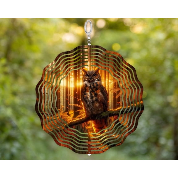 Owl Wind Spinner Aluminum 3D Kinetic Golden Forest Sunset Garden Decor Outdoor Art Unique Bird Lover Gift