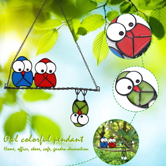 Owl Window Hanging Stained Glass Bird Panel for Wall Garden