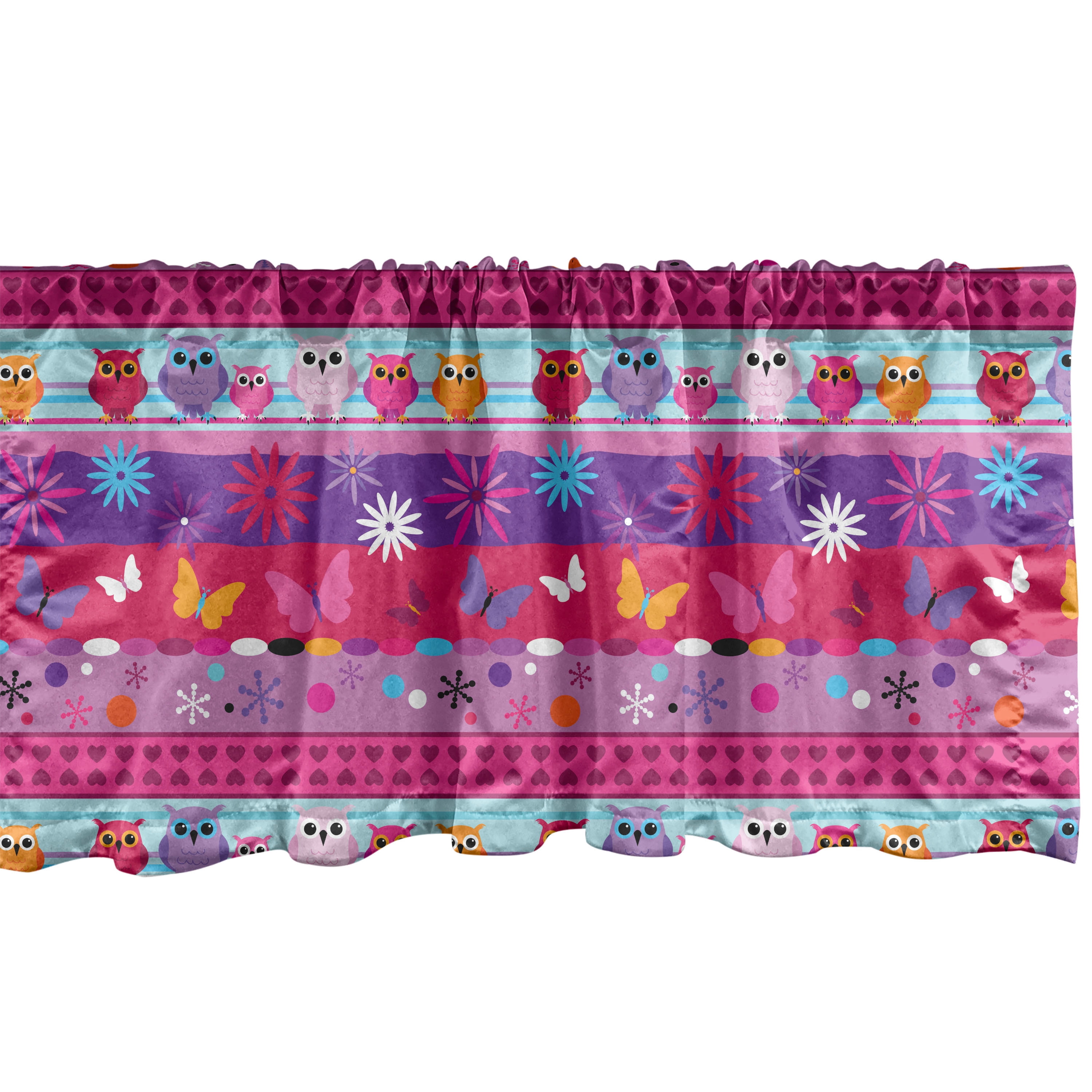 Owl Window Valance Pack of 2, Striped Cartoon Style Pattern with Owls