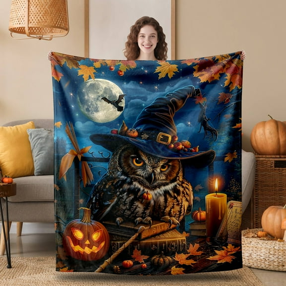 Owl Witch Halloween Autumn Flannel Blanket Soft Cozy Fluorescence Throw Blanket 50" x 60", Lightweight Comfy Flannel Blanket Warm Plush Throw Blankets for Sofa Chair Bed Couch