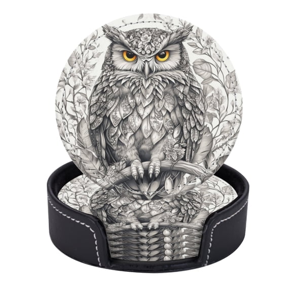 PU Leather Coasters for Drinks Bar Beer,Set of 6 with Holder,Round Housewarming Gift,Owl With Feathers Made Of Leaves And Flowers