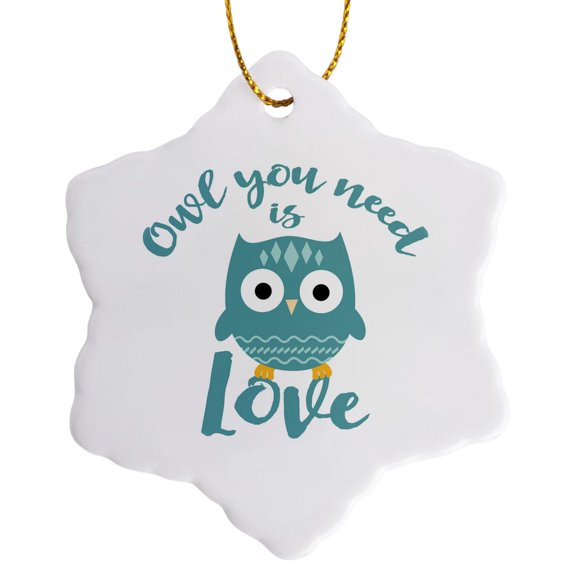 3drose, Owl with Owl You Need Is Love Quote, 3 inch Snowflake Porcelain Ornament