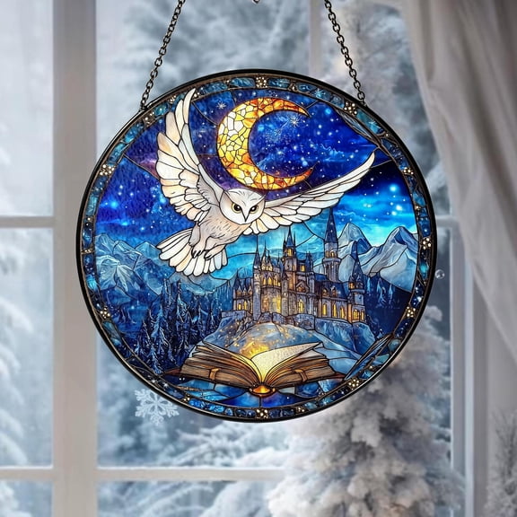 Owl Wizard Castle Glass Suncatcher, Wizard Castle Suncatcher, Book Lover Window Decor, Magic Bookish Home Decor, Gift for Wizard Book Lovers, 3.5 in