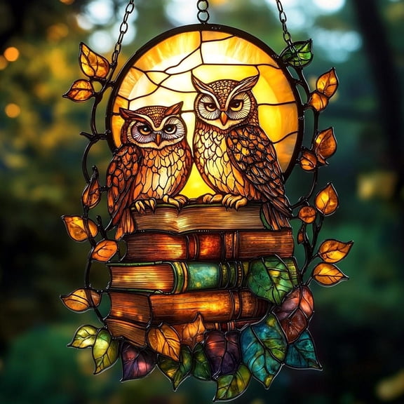 Owl and Books Faux Stained Glass Acrylic Suncatcher, Moonlight Window Hanging Gift for Teachers or Book Lovers