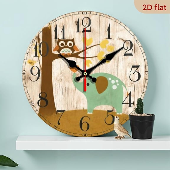 Owl and Elephant Cartoon Animal Theme Wall Clock for Living Room Bedroom Nursery Kids Friends Family Home Decor Vintage Wooden Style Timepiece Gift