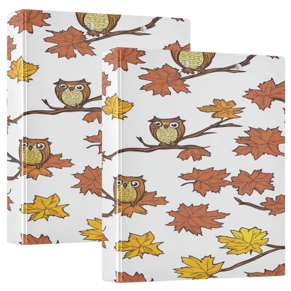 Owl and Falling Leaves 12.4x10.6in PVC Round Ring Binders, 2-Pack, D-Ring 3-Hole, Metal Clip