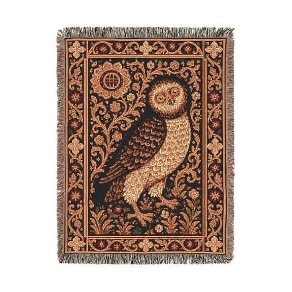 Owl and Floral Vines Brown and Rust Woven Blanket, 100% Cotton, Ornate Tapestry Style for Home Decor