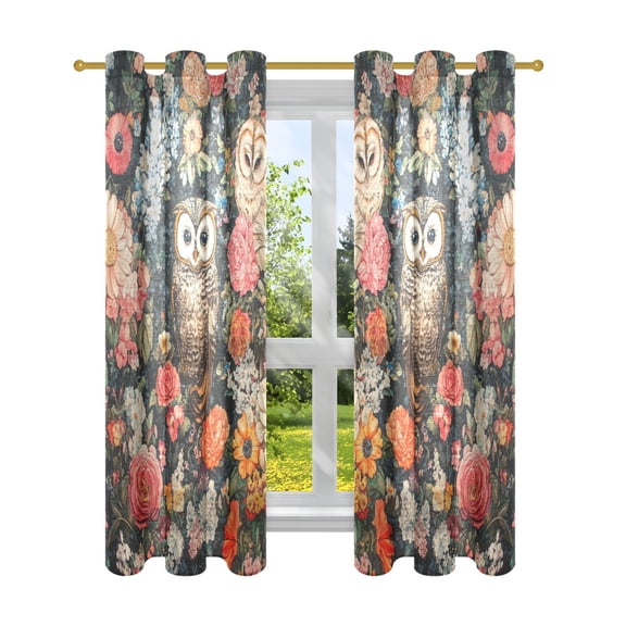 Owl and Flowers Vintage Oil Painting Semi Sheer Curtains for Living Room Bedroom Set of 2 Insulated Window Drapes