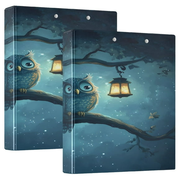Owl and Lamp 12.4x10.6in PVC Round Ring Binder, D-Ring 3-Hole, Metal Clip, 200 Sheets
