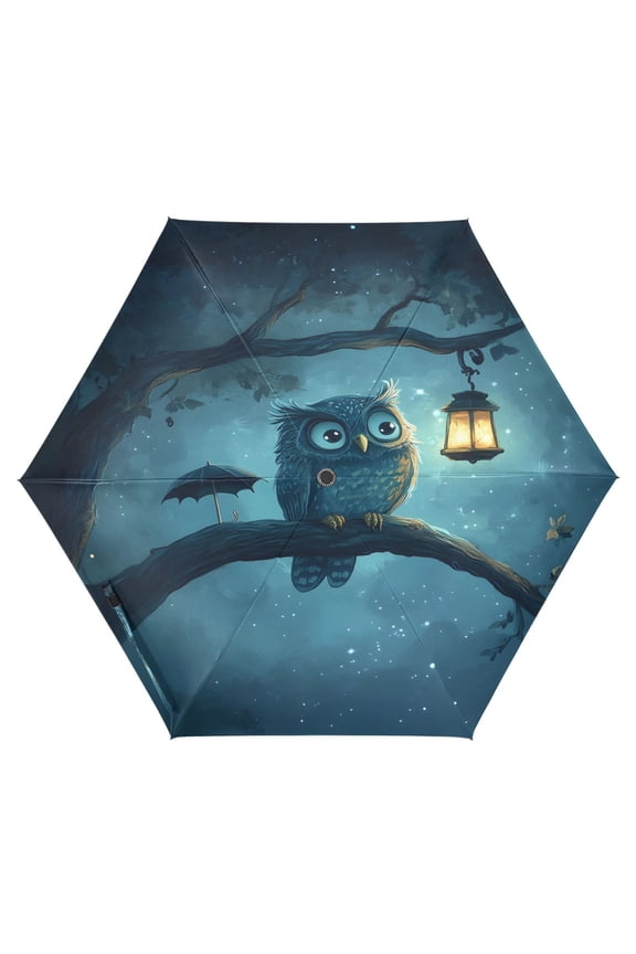 Owl and Lamp Folding Umbrella UV50+ Waterproof Sun Protection Auto Open Close Compact Fiberglass Frame