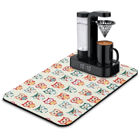 Owl and Stars Coffee Station Mat - Hand-drawn Happy Owl Non-Slip Kitchen Pad