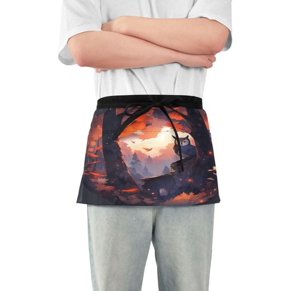 Owl in Autumn Forest Server Apron with 3 Pockets Waterproof Waitress Waist Short Apron for Man Woman 12 Inches
