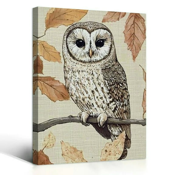 Owl in Fall Forest Animal Watercolor Painting Canvas Wall Art 12x16 in