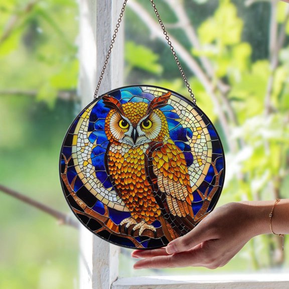Owl in Moonlight Glass Suncatcher, Mystical Night Bird Window Art, Forest Moon Decor, 7.9 in