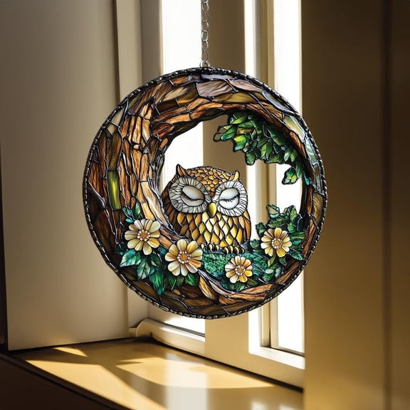 Owl in Tree Hollow Acrylic Suncatcher fullxfull Nature-Inspired Window Hanging with Vibrant Flowers