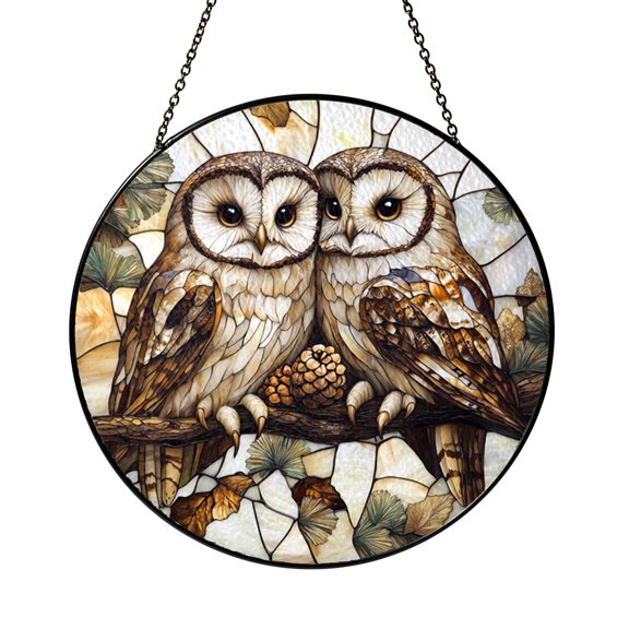 Owl in Winter Pines Glass Suncatcher Window Decor, Quiet Forest Night Artwork, Nature Inspired Style