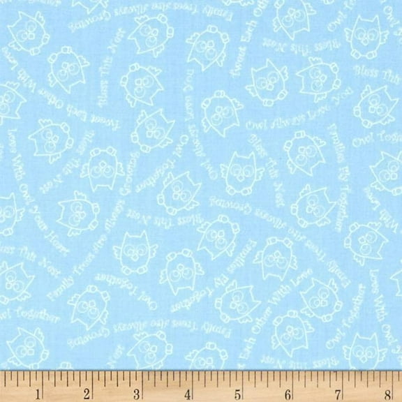 "Owl in the Family" Light Blue 100% Cotton Fabric Sold by the Yard