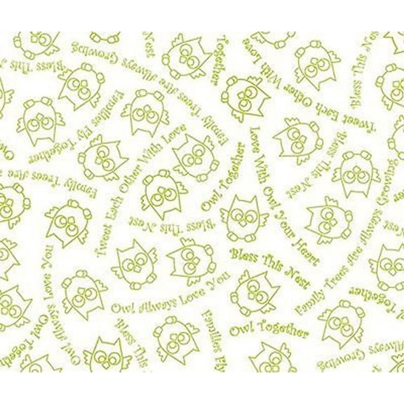 "Owl in the Family" Light Green and White 100% Cotton Fabric Sold by the Yard