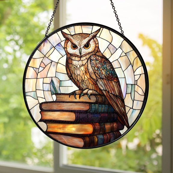 Owl on Books Stained Glass Suncatcher  Library Window Hanging, Wise Owl Glass Panel, Teacher Gift & Book Lover Home Dcor