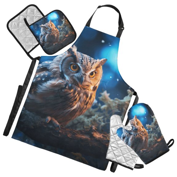 Owl on Branch in Night 5 Pcs Kitchen Set Heat Resistant Oven Mitts and Non-Slip Pot Holders with Adjustable Cooking Apron