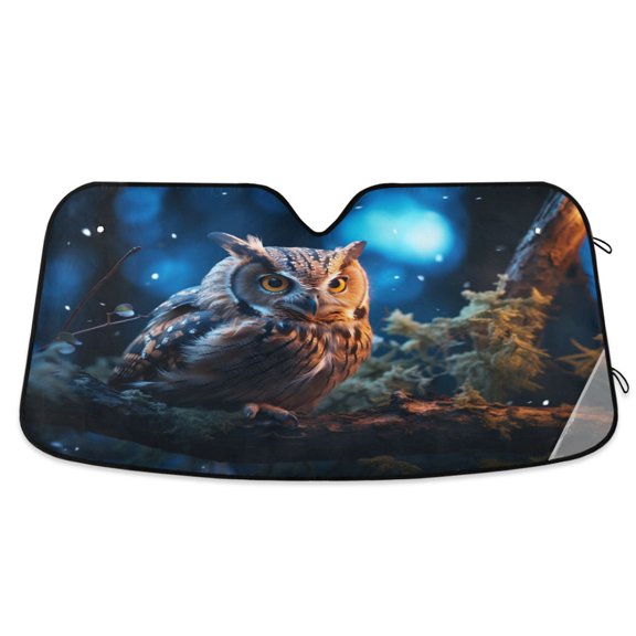 Owl on Branch in Night Car Windshield Sun Shade Foldable Car Front Window Visor Heat and UV Protection 53x23.5
