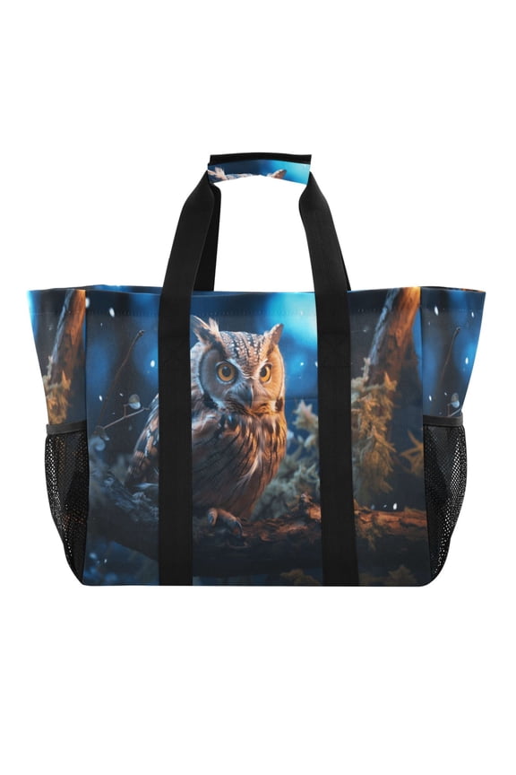 Owl on Branch in Night Reusable Grocery Bags with Handle Side Pocket Waterproof Shopping Portable Tote