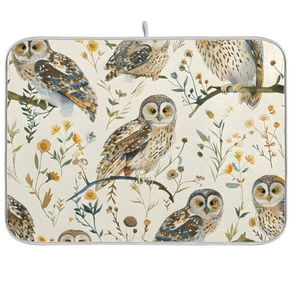 Owl on Tree Branch Dish Drying Mats Kitchen Mat Microfiber Counter Absorbent Dish Pad Drainer Rack 18"x24"