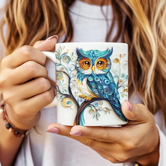 Owl, quilled-look Ceramic Mug - Blue and Orange Owl, Gift for Owl Lovers, Nature Coffee Cup, Unique Kitchen Decor, Animal Lover Gift
