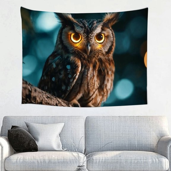 Owl tree branch glowing eyes Tapestry Wall Hanging, 100% Polyester Decorations for Dorm, Wall Hanging for decorative wall hanging, decorative bedroom, living room decoration